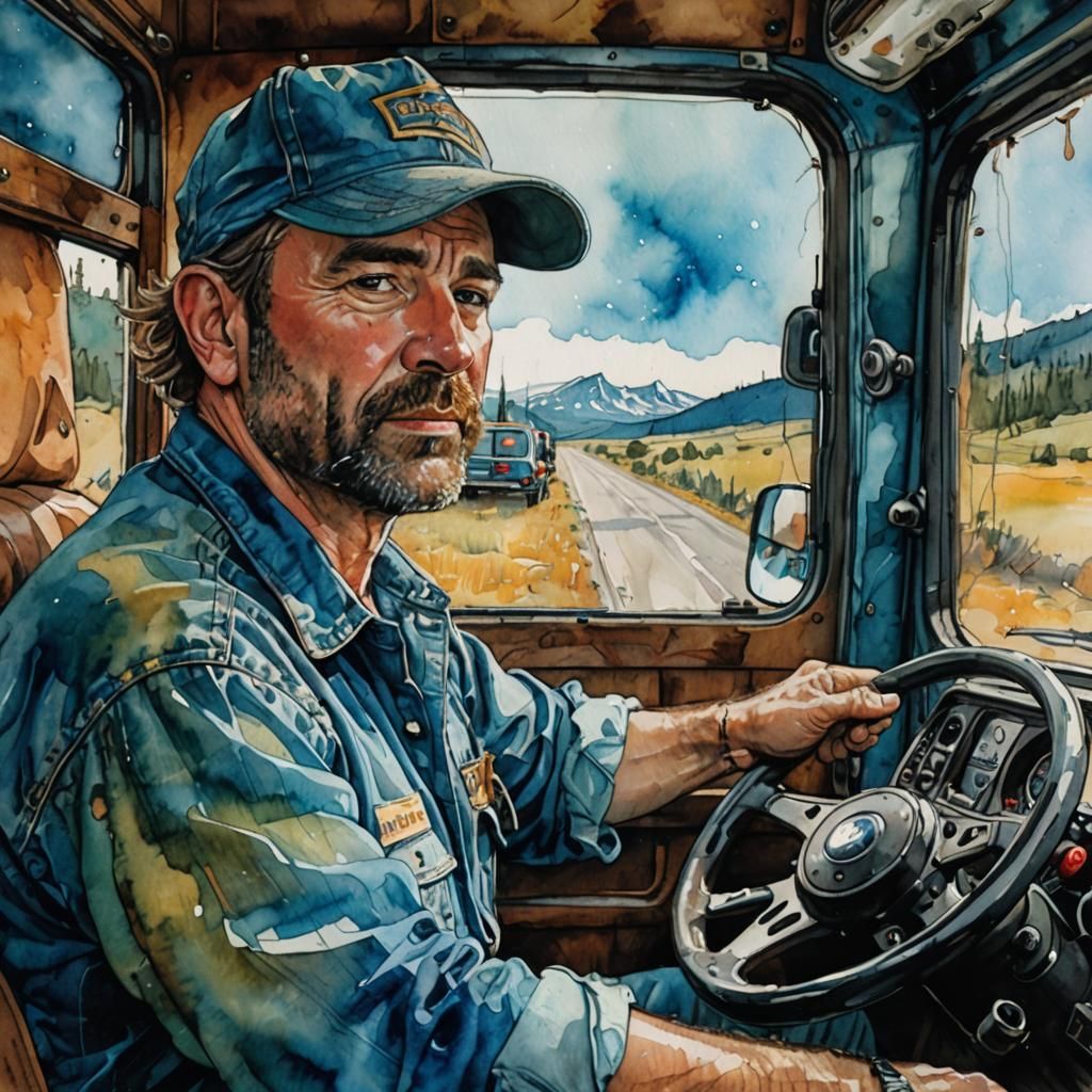 Truck Driver Portrait in Alcohol Ink Style