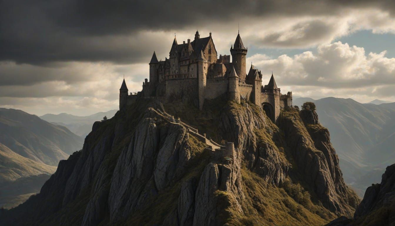 Majestic Castle Amidst a Rugged Mountain Landscape in Realis...