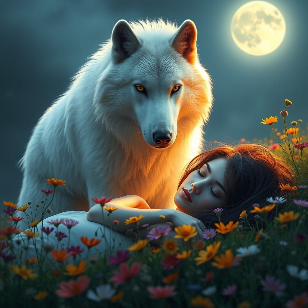 Regal White Wolf Watches Over Slumbering Beauty in Moonlit M...