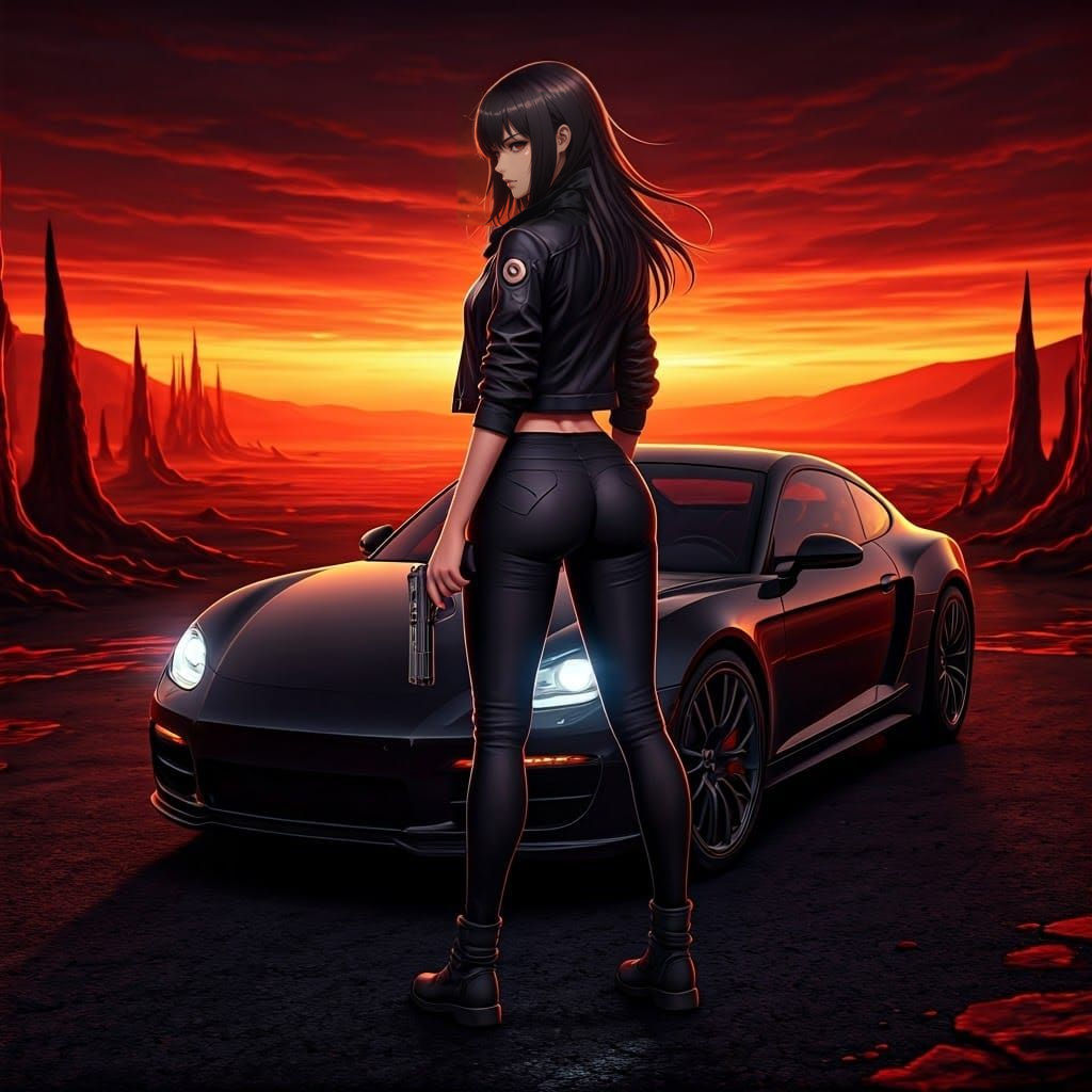 Cyberpunk Woman Stands Strong Against Demonic Horizons