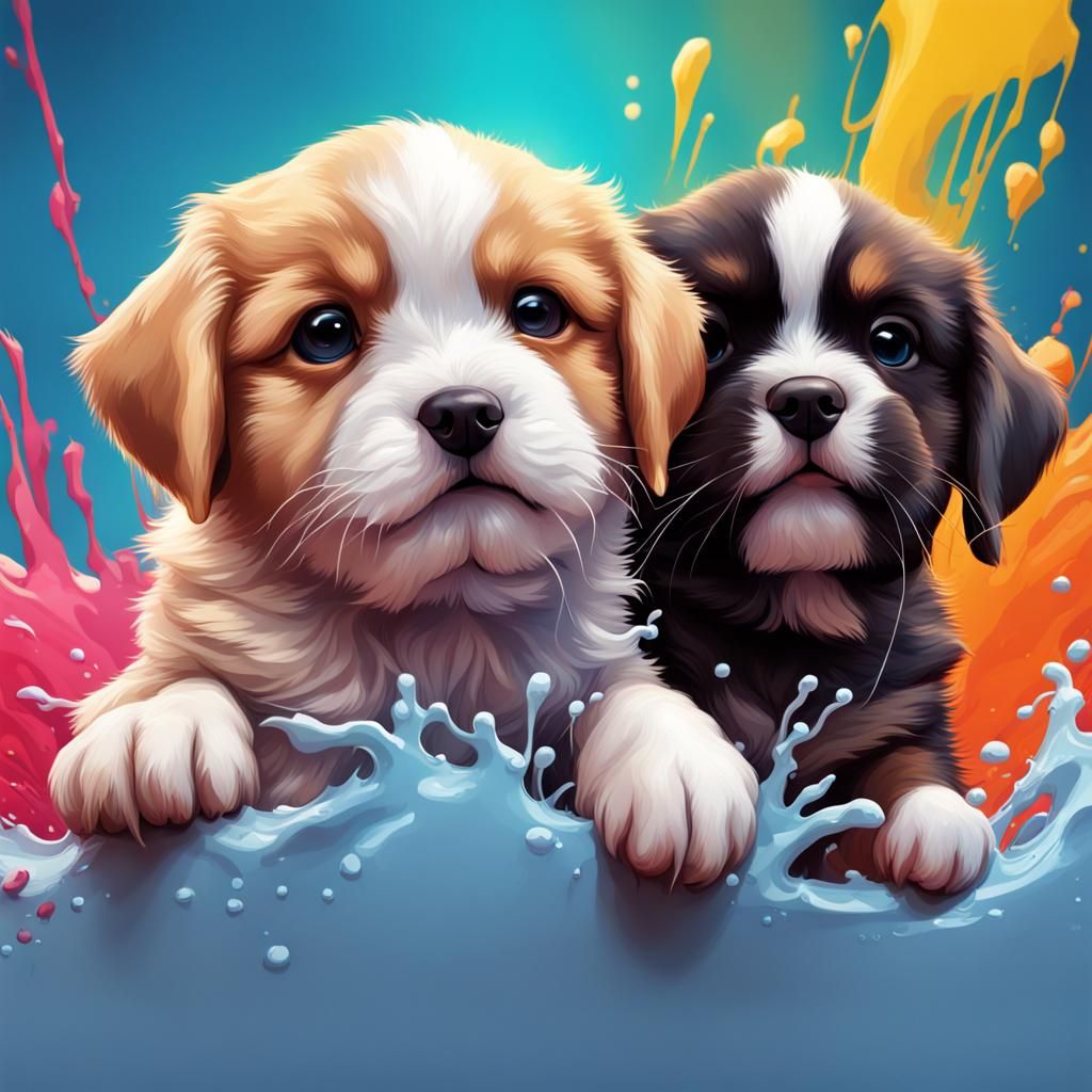 Hyperrealistic Cute Puppies in Splash Art Style