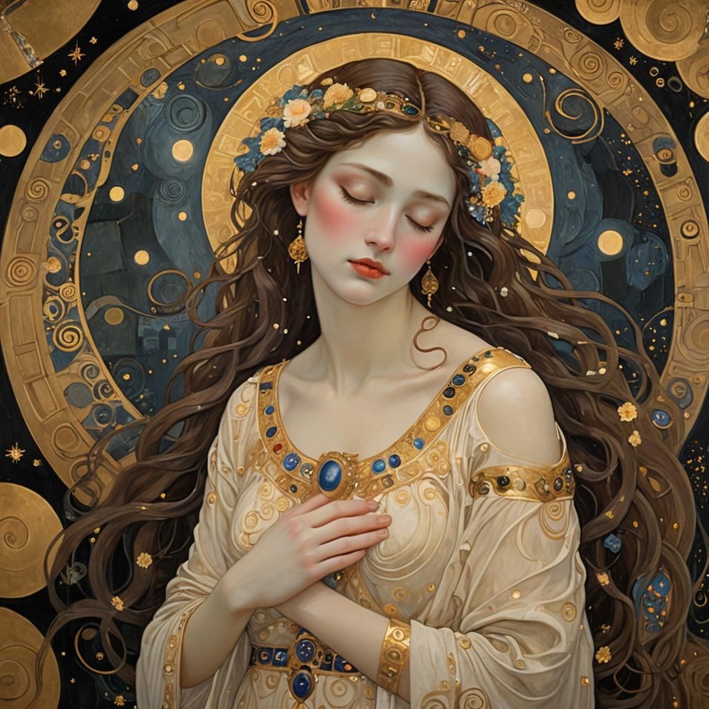 Goddess Asleep in Moonlight, Klimt Golden Period Style