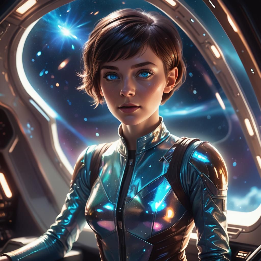 Woman Commands Spaceship in Vibrant Sci-Fi Illustration