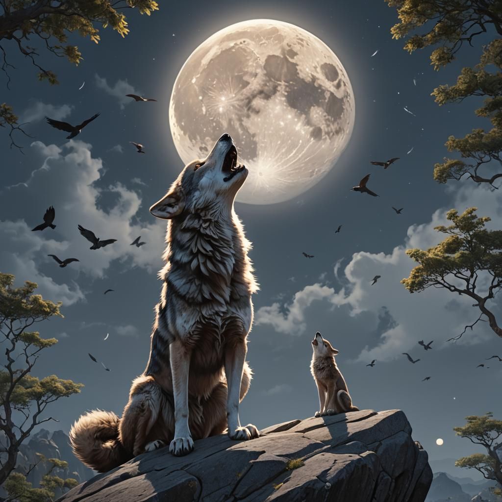 Wolf Howling at Moon in Anime Art Style
