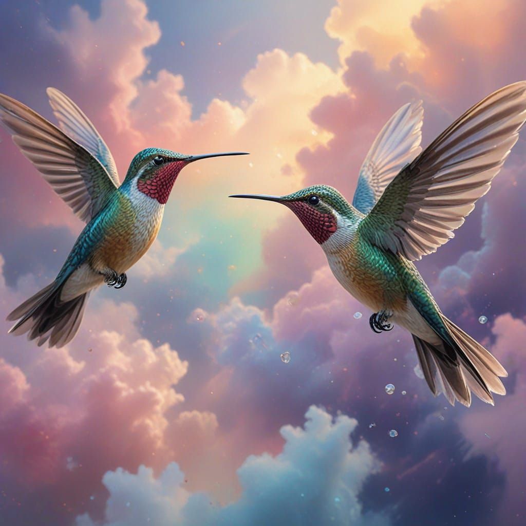 Ethereal Hummingbirds on Rainbow Clouds in Dreamlike Oil Pai...
