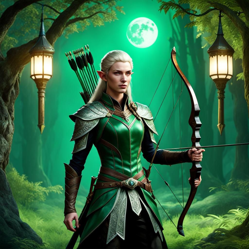 Elven Archer in Moonlit Forest, Hyperrealistic Style