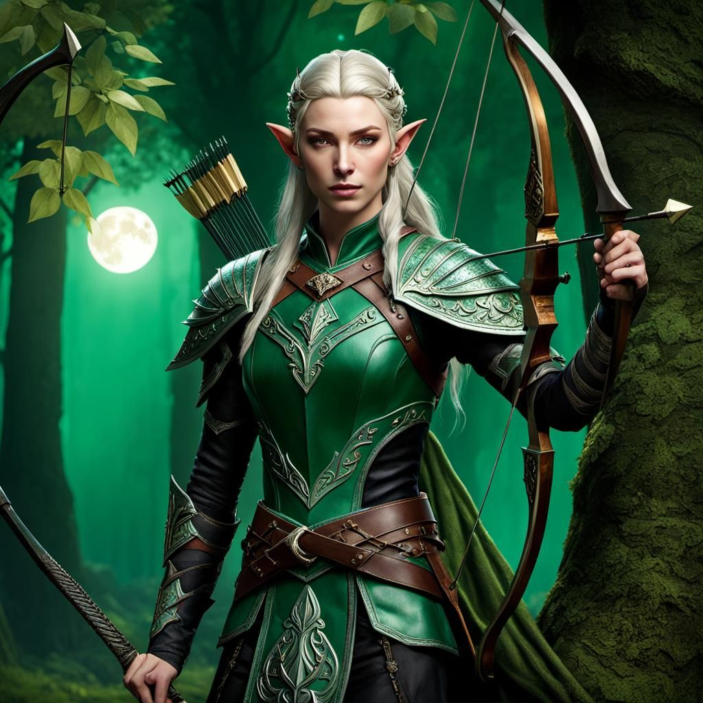 Elven Archer in Moonlit Forest: Hyperdetailed 3D Art