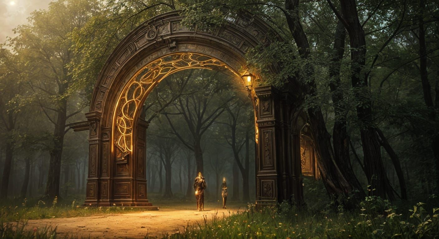 bronze gateway glowing light tendrils solarpunk Leszek Bujnowski