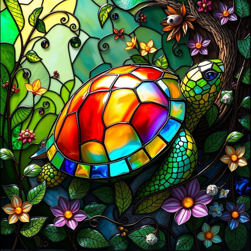 Iridescent Stained Glass Turtle in Art Nouveau Garden