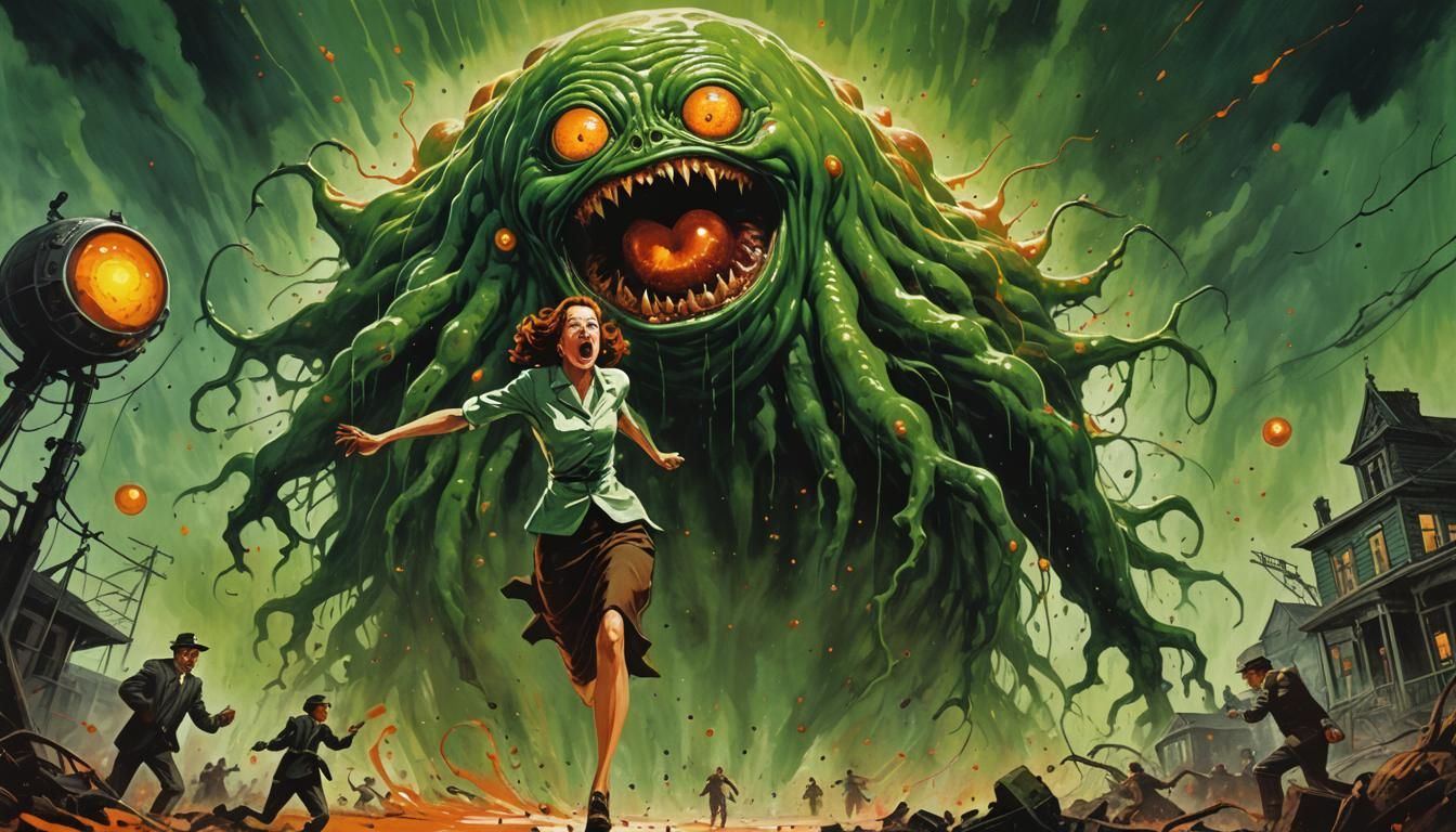 Giant Green Blob in Pulp Sci-Fi Style