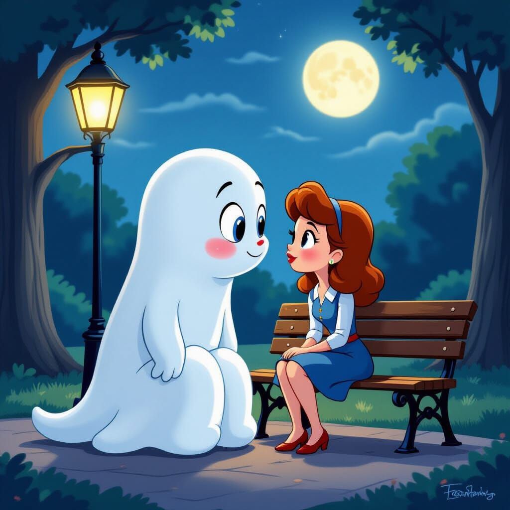 Friendly Ghost Tries to Kiss Woman in Moonlit Park