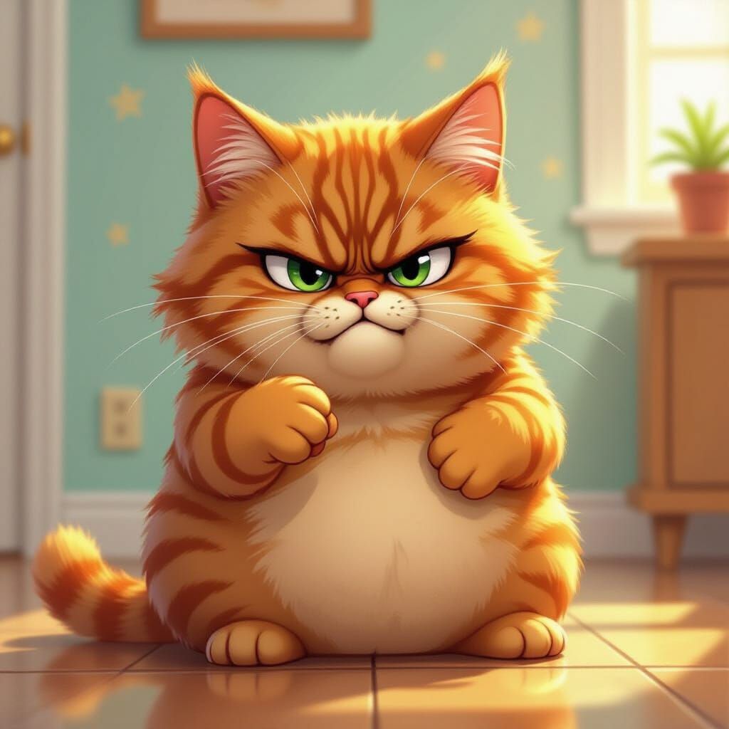 Angry Fluffy Garfield Cat Points at Viewer in Cartoon Style
