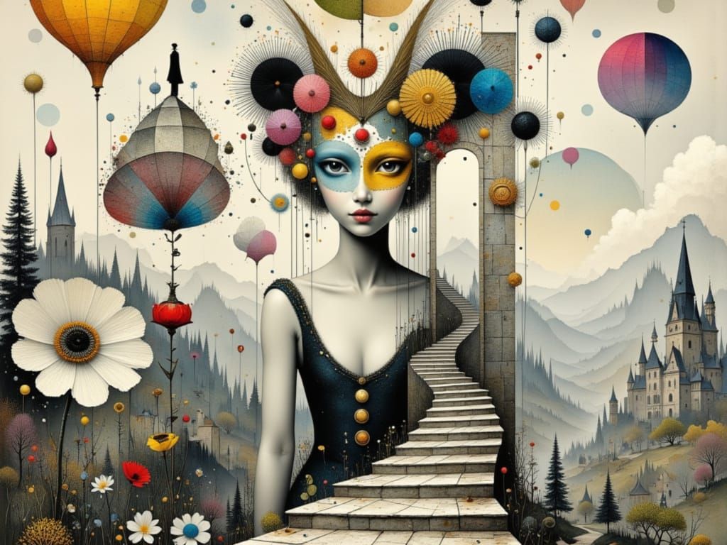 Surreal Queen of Hearts Carnival Scene in Escher-Inspired Ge...
