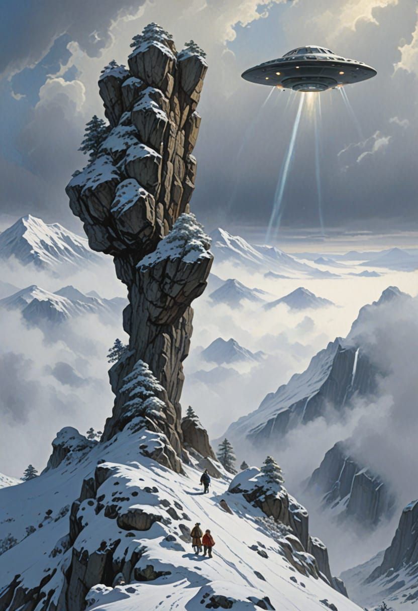 UFO Crash in Mountains: Comic Book Illustration