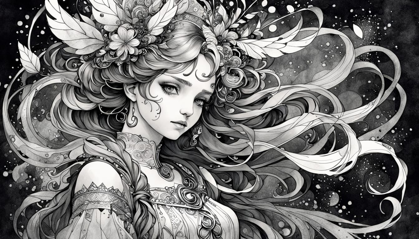 Ethereal Anime Girl in Alphonse Mucha Style