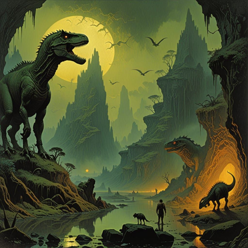 Dramatic Jurassic Landscape in Dark Fantasy Style