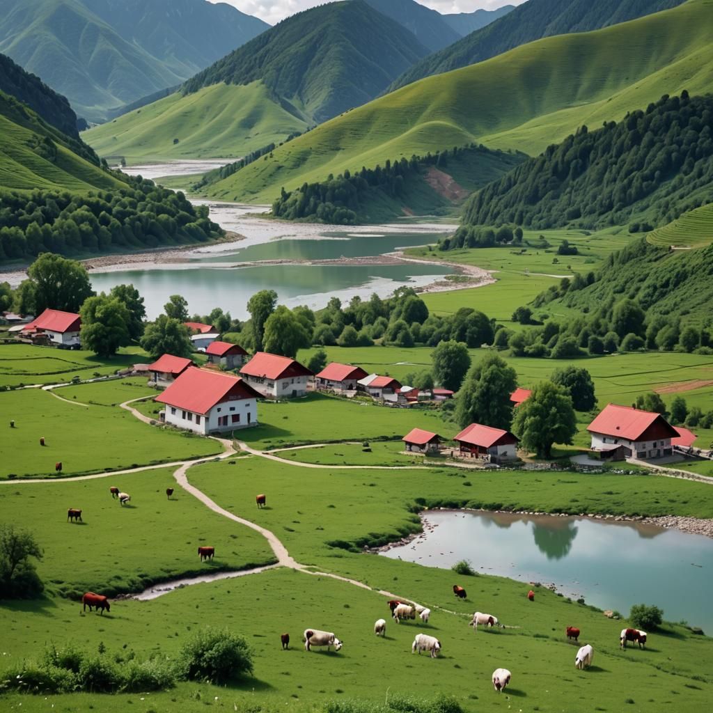 Idyllic Mountain Landscape with Cottage and River