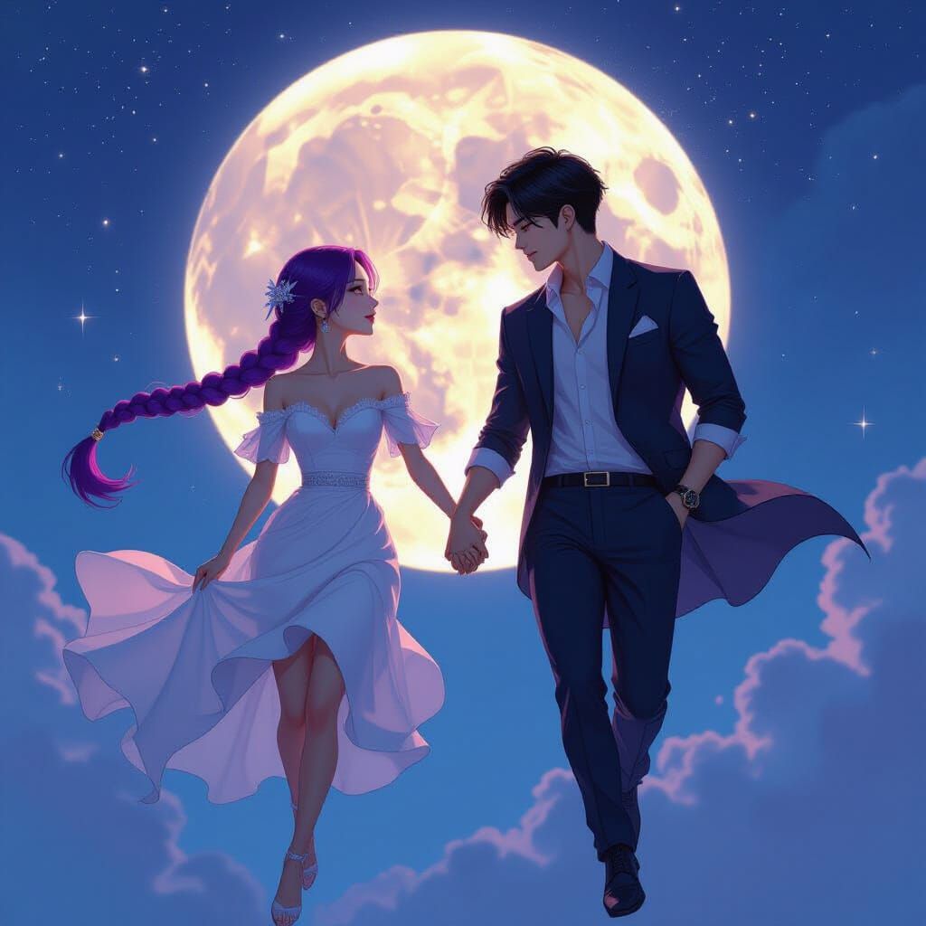 Half-Demon Girl and Man Fly Under Luminous Moon