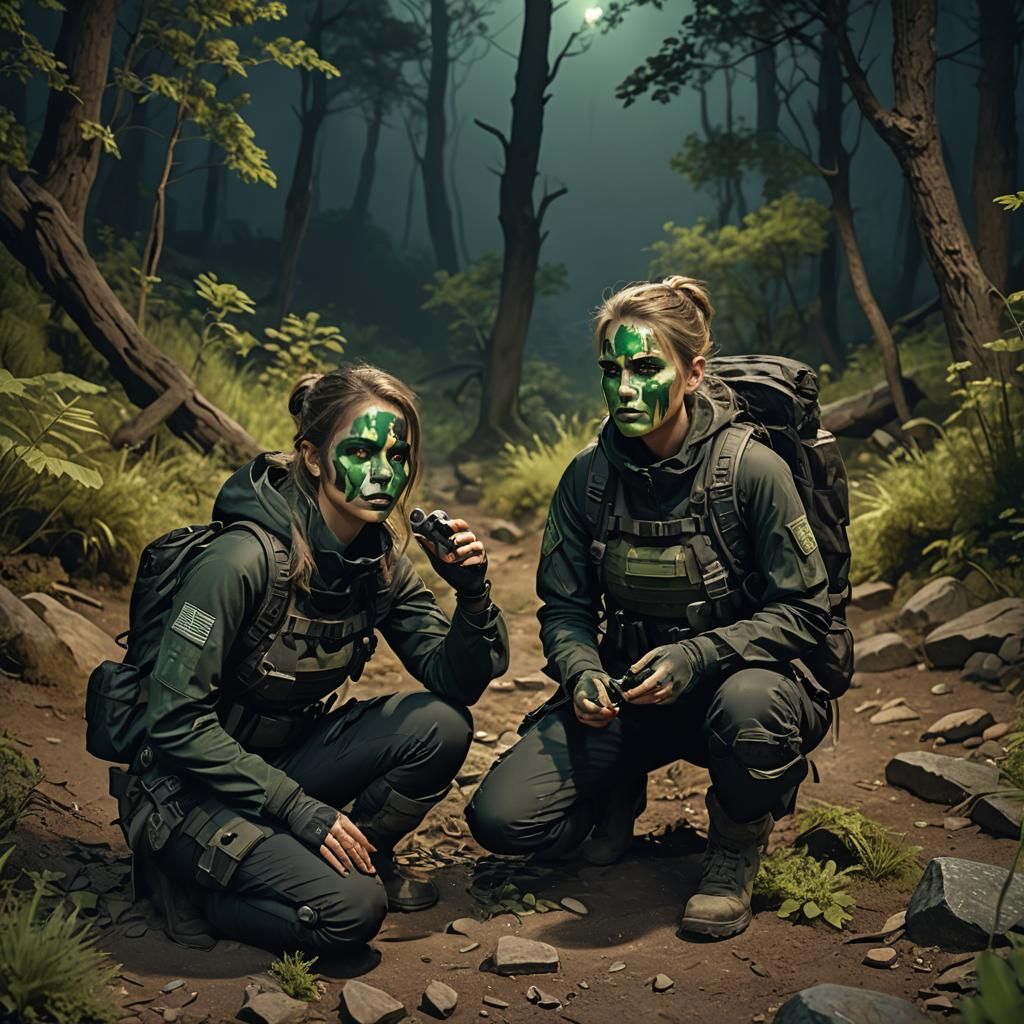 Women Apply Camo Face Paint on Night Hike