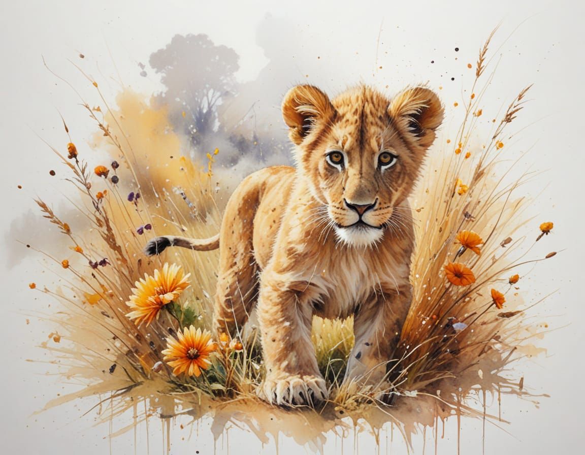 Playful Lion Cub in Sunlit African Landscape