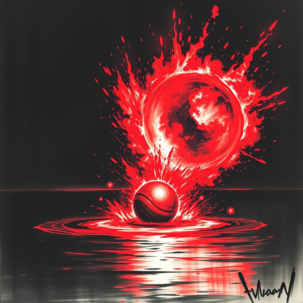 Fiery Asteroid Impact at Night as Charcoal Drawing