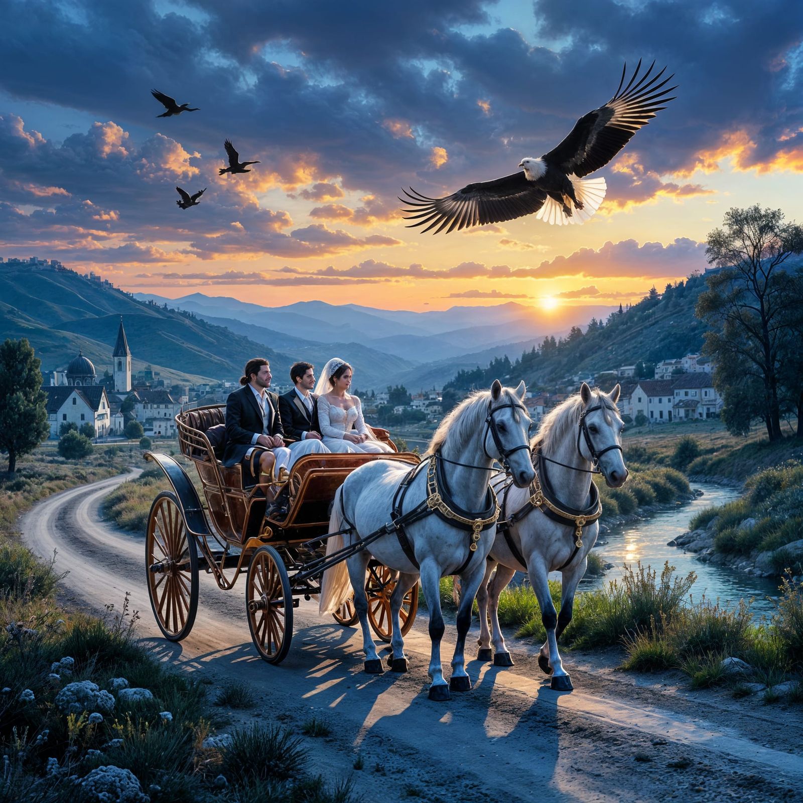 Regal White Horses Pull 18th Century Carriage Through Countr...