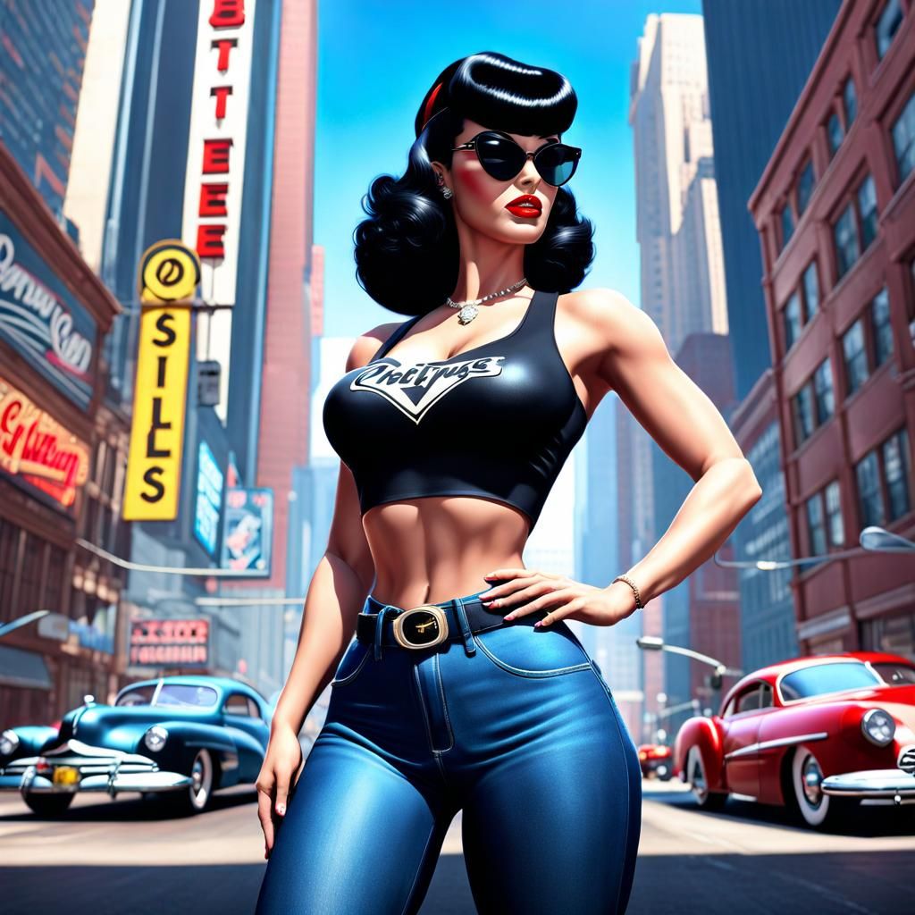 Bettie Page in Cyberpunk City: Digital Art