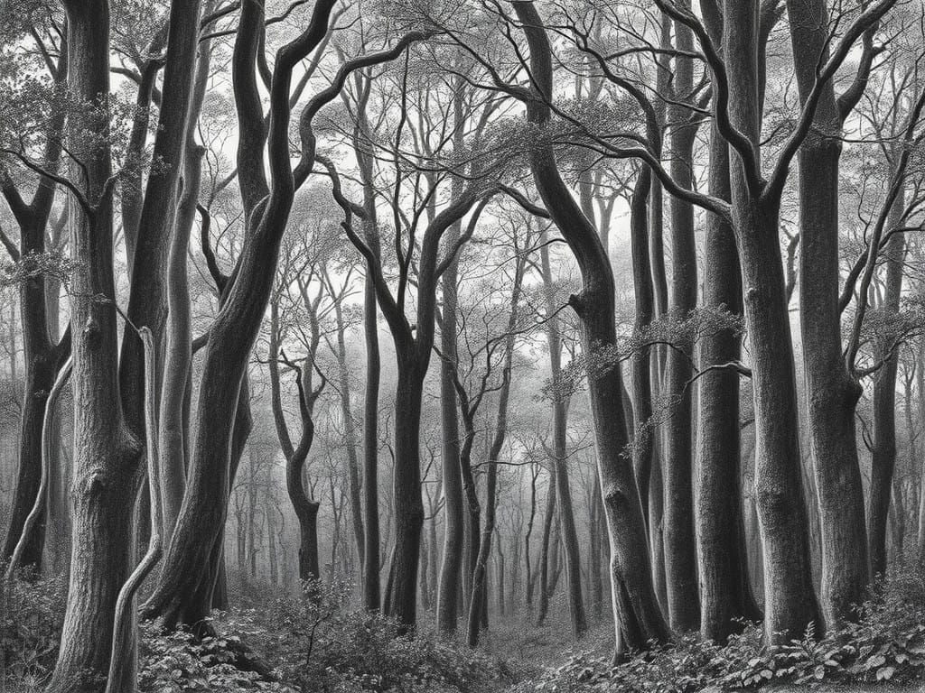 Dense Forest in Highly Realistic Charcoal Pencil Drawing