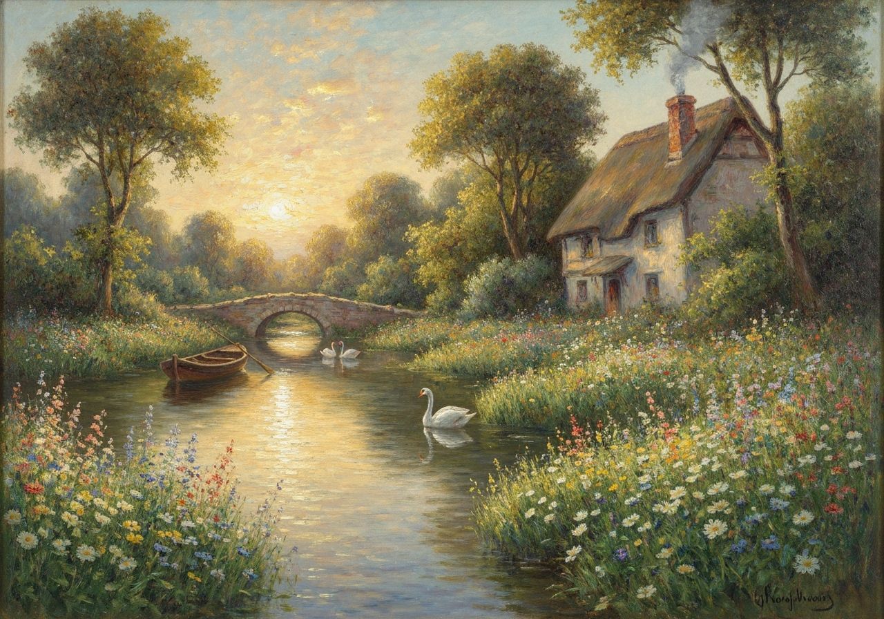 Impressionist Woodland Garden at Sunset