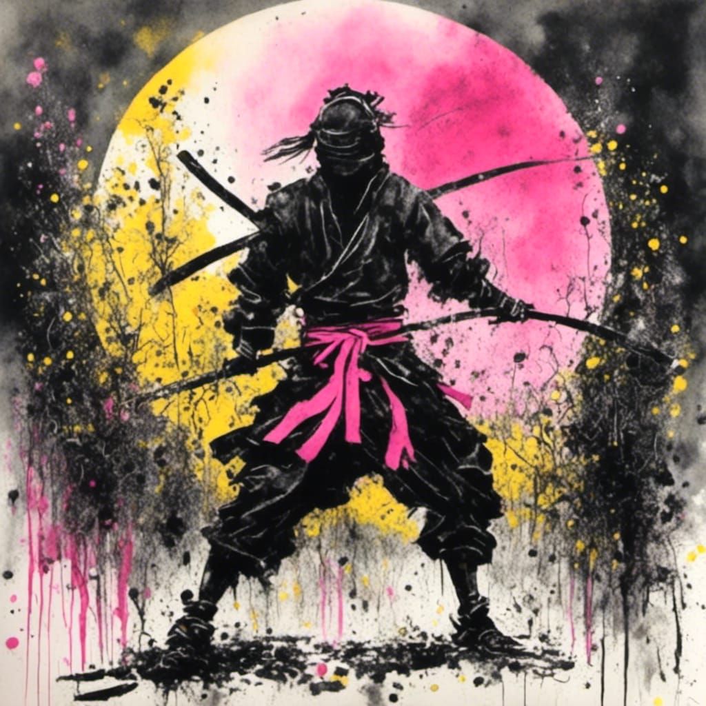 Pink Ninja Silhouette in Graffiti Watercolor Style