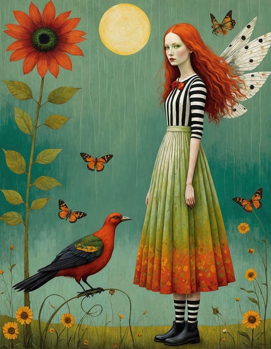 Woman and Giant Bird in Whimsical Textured Style