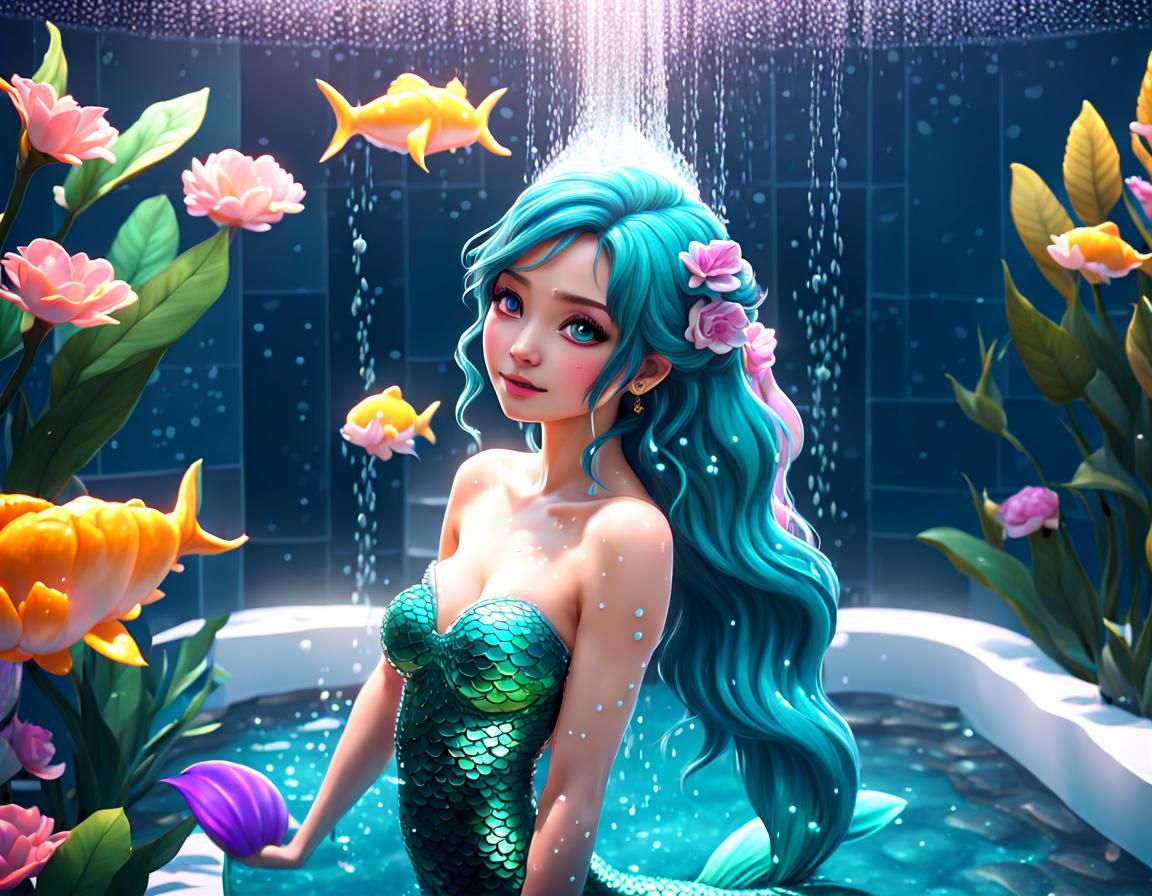 Cute mermaid takes a shower in the style of kawaii aesthetic