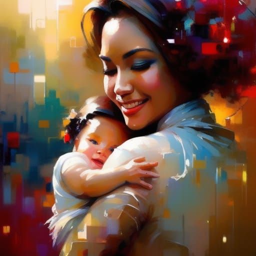 Radiant Mother and Child Portrait in Mixed Media Style
