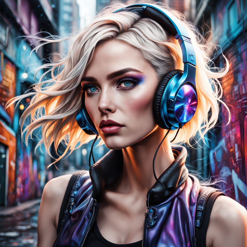 Hyperrealistic Portrait with Futuristic Headphones in Graffi...