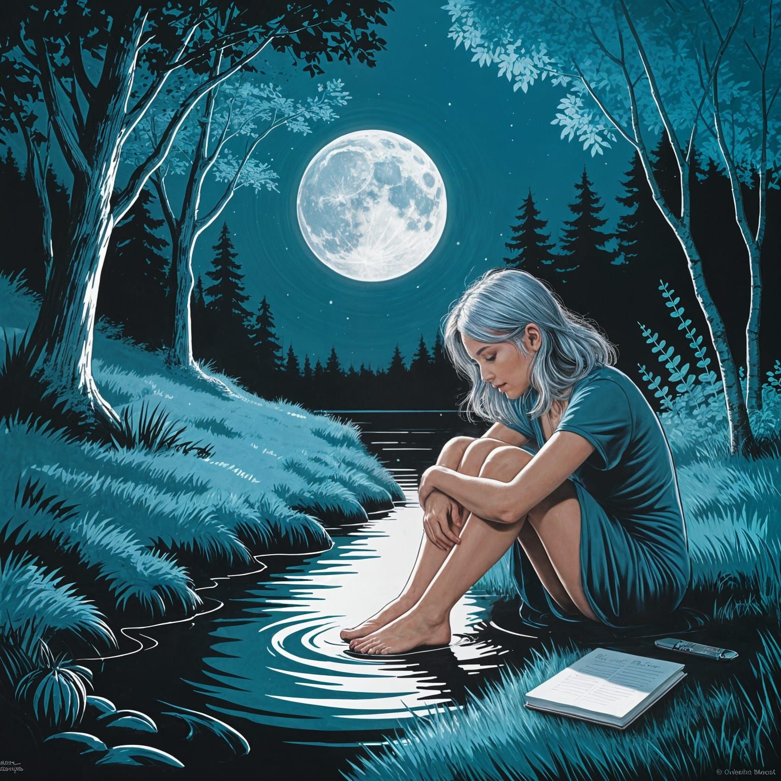 Sad Woman in Moonlit Glade: Hyperrealistic Splash Art