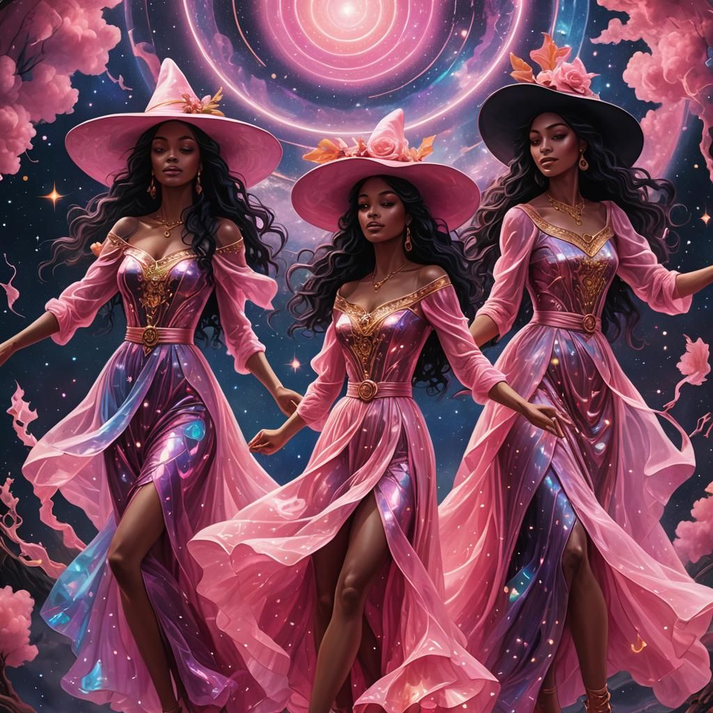 Three Women Dancing in a Cosmic Witch's Circle
