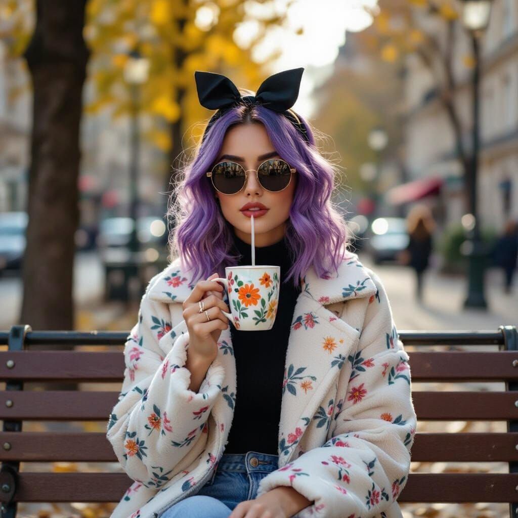 Modern Fairy Sipping Juice in City Sunset, Digital Painting