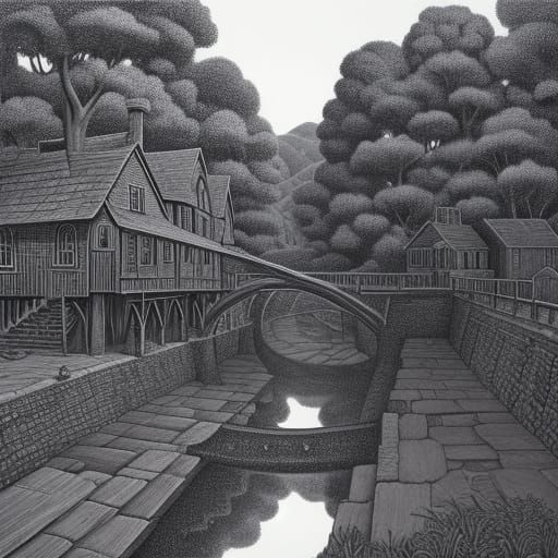 Pencil sketch in the style of Escher