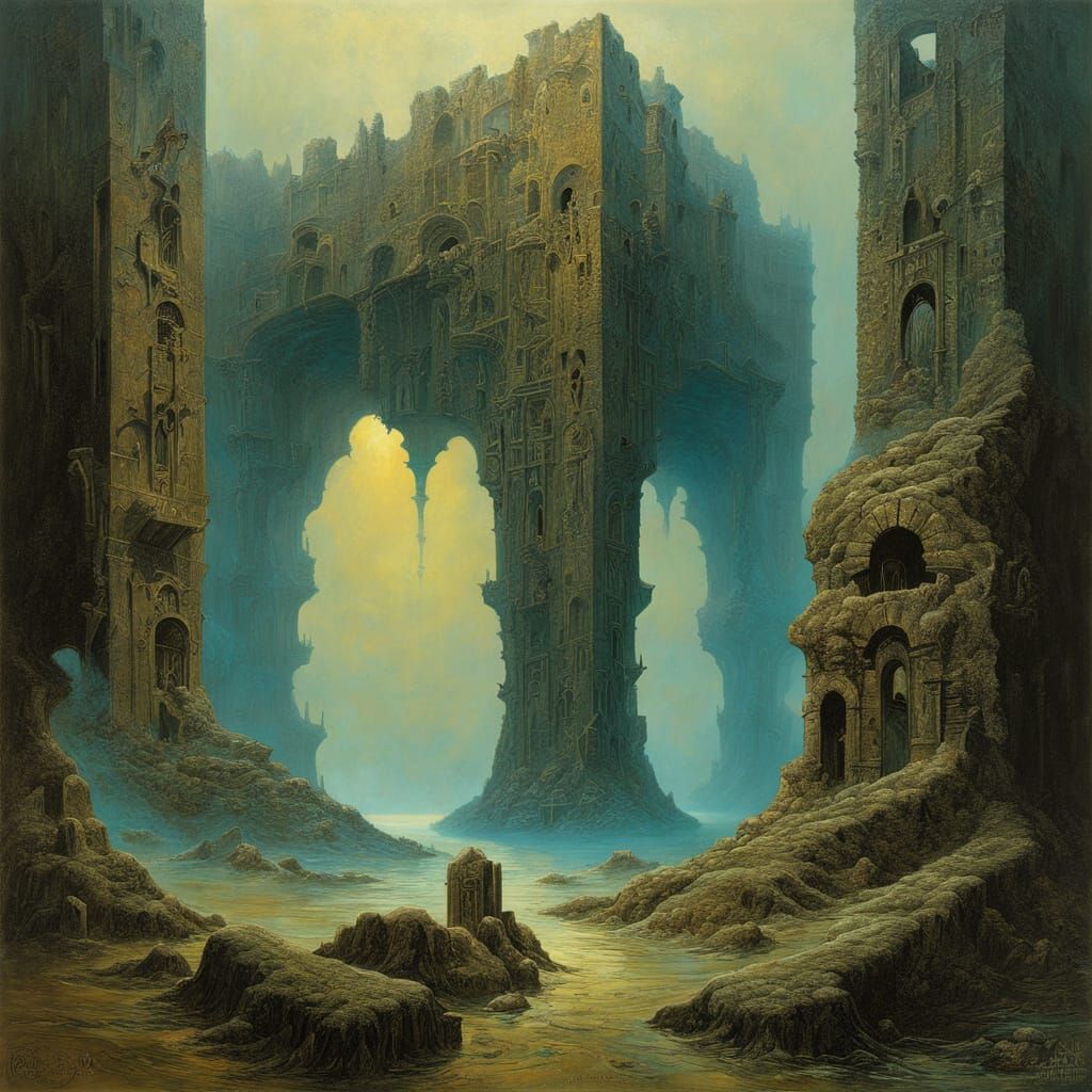 Bioluminescent Alien Ruins in Surrealist Oil Painting