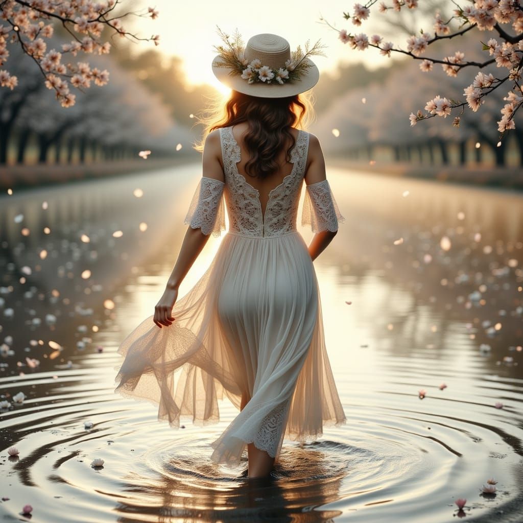 Serenely Walking Woman in Spring Bloom