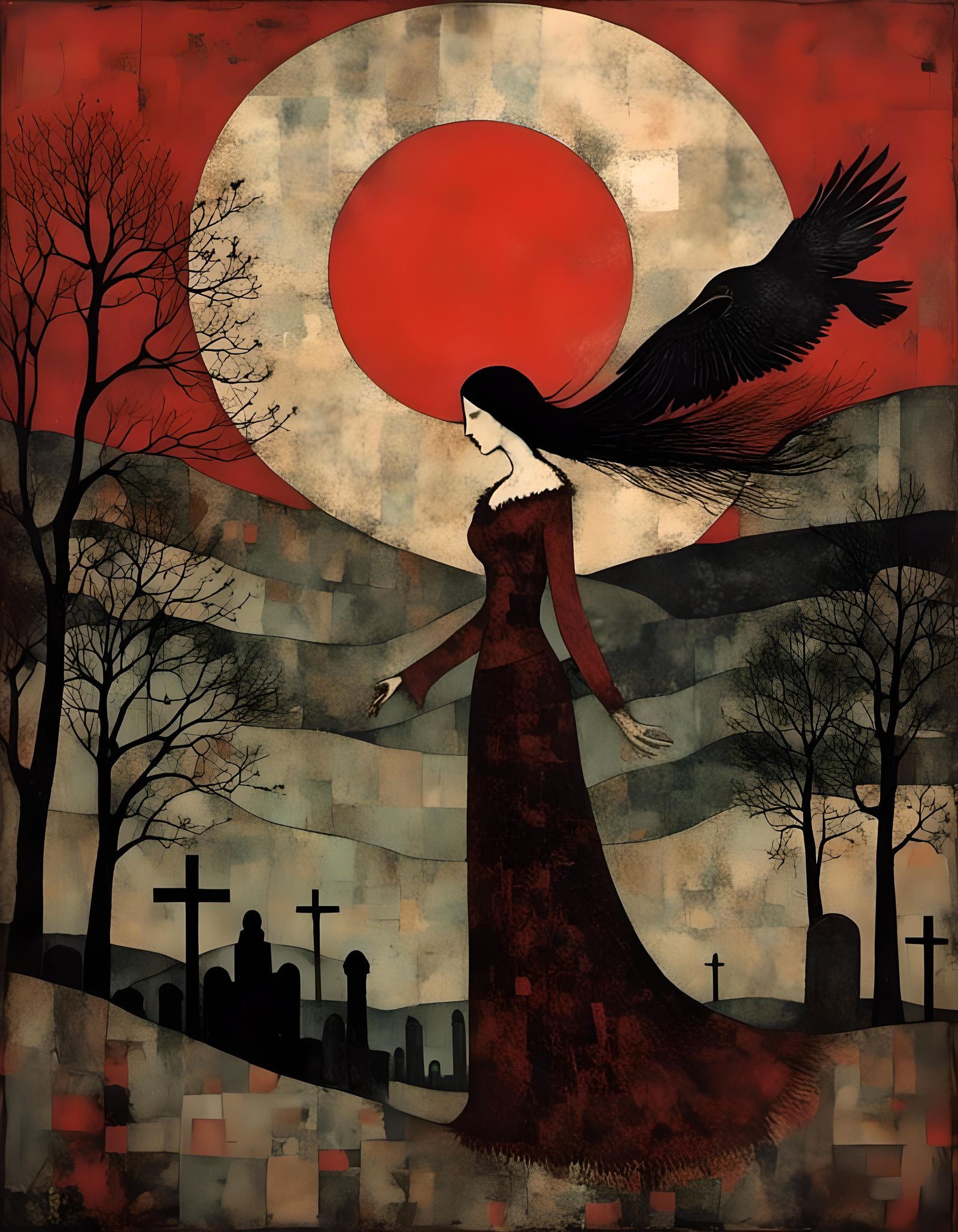 Gothic Vampire Woman Above Graveyard in Charcoal