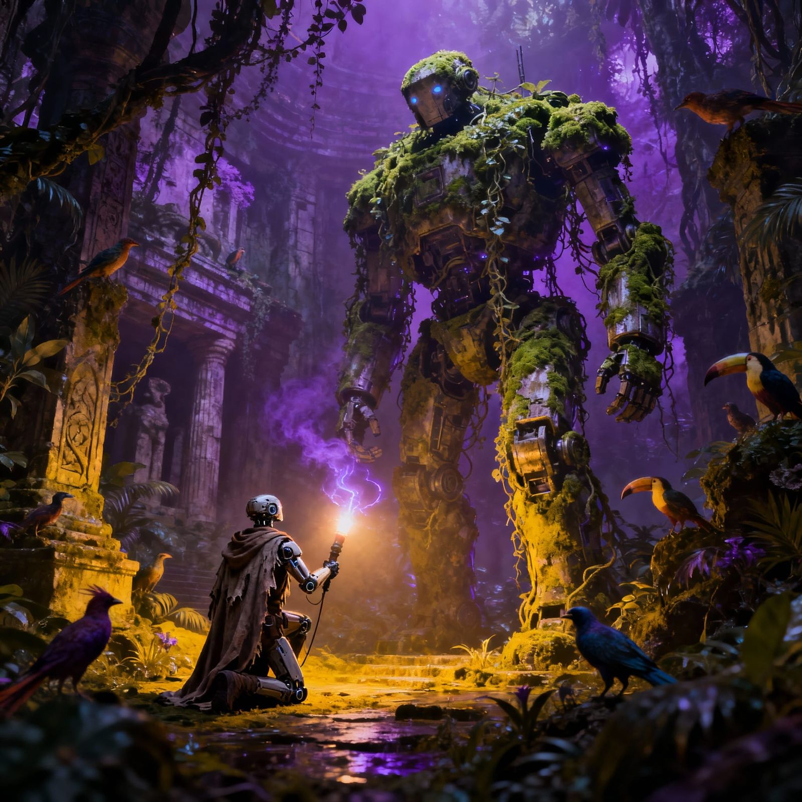 Cyborg Explorer Kneels Before Giant Robot in Jungle Temple