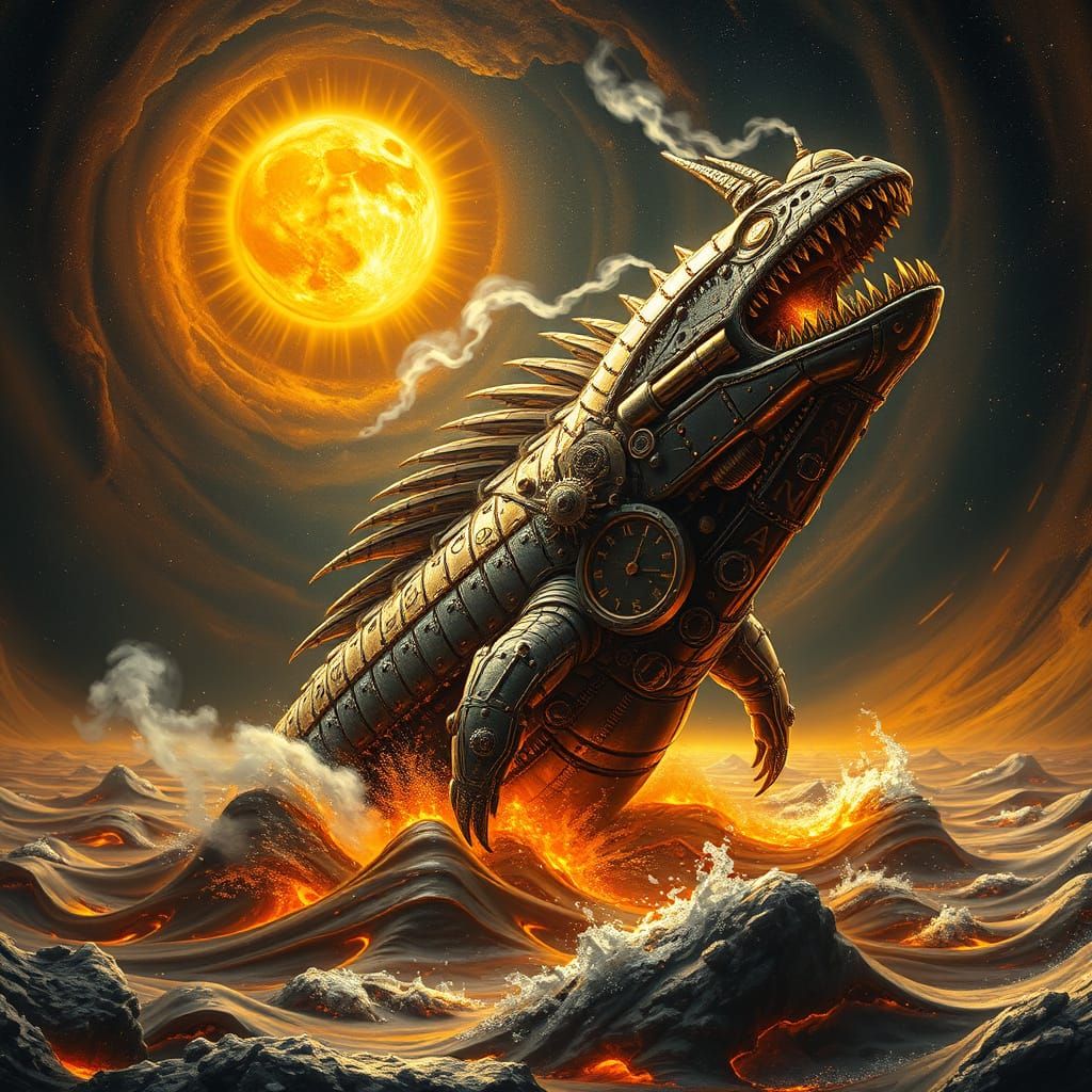 Clockwork Leviathan Emerges From Molten Gold Sea