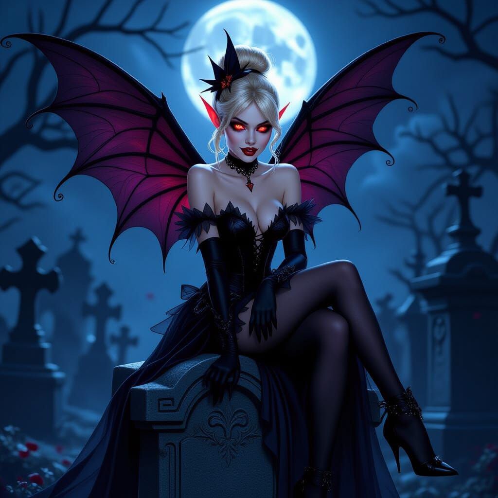 Glamorous Vampire Fairy on Tombstone in Moonlight