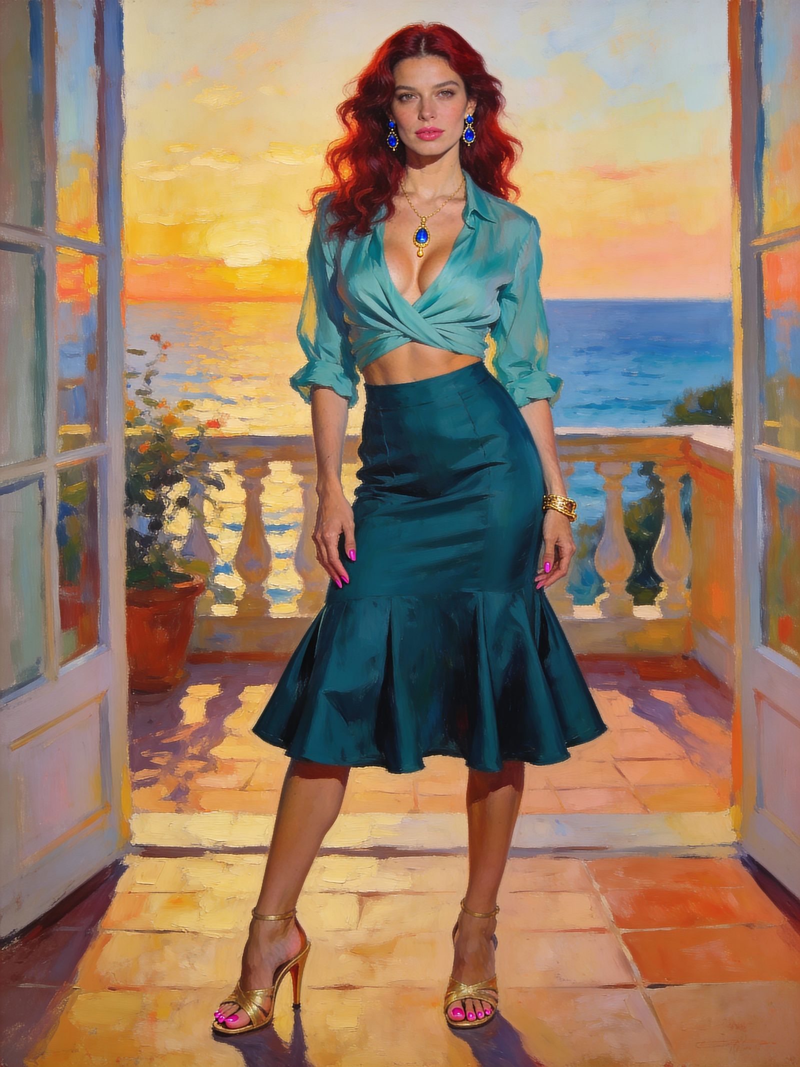 Acrylic Painting of Elegant French Woman at Sunset