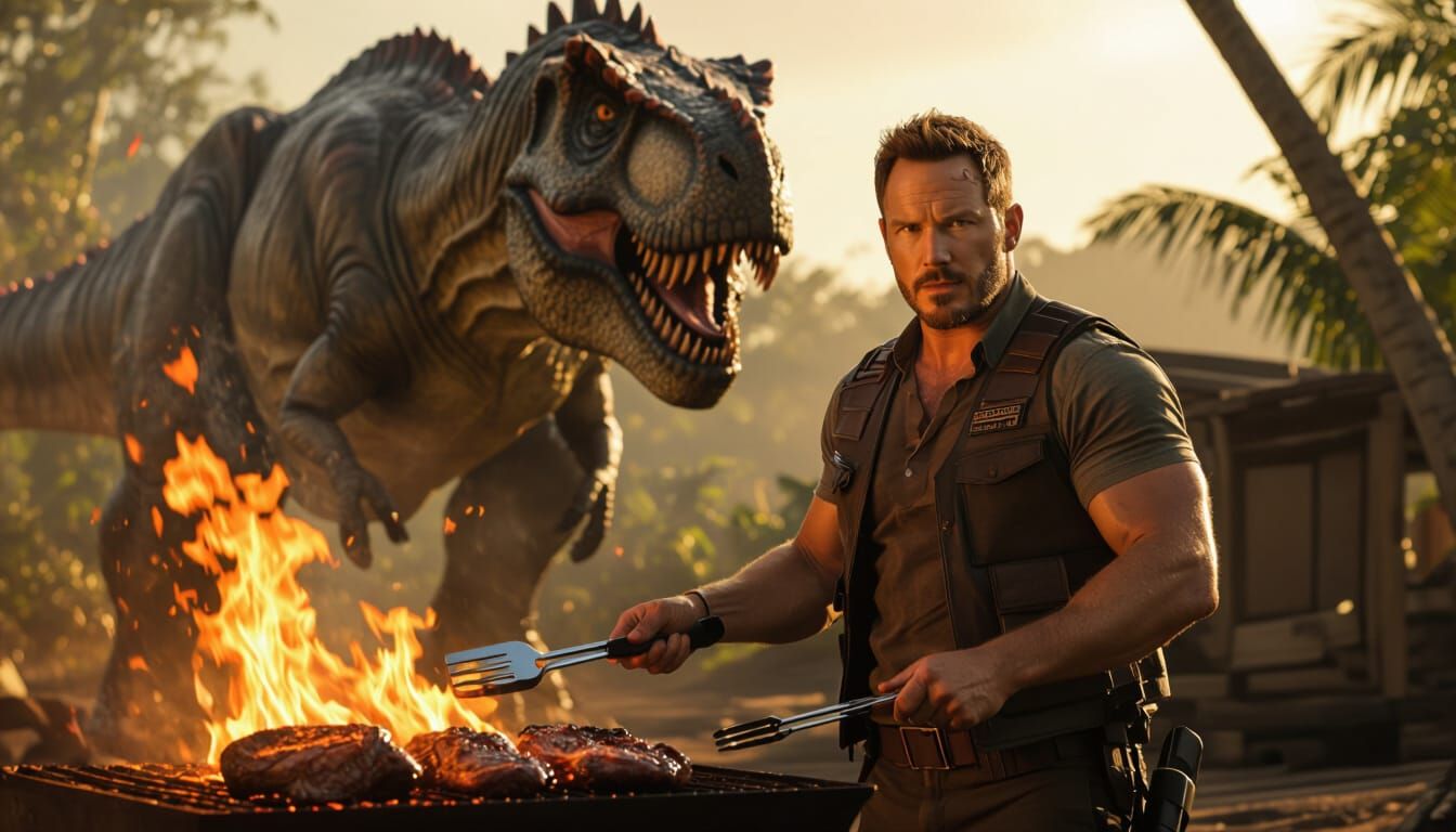 Chris Pratt Roasts Meat With Dinosaur Behind
