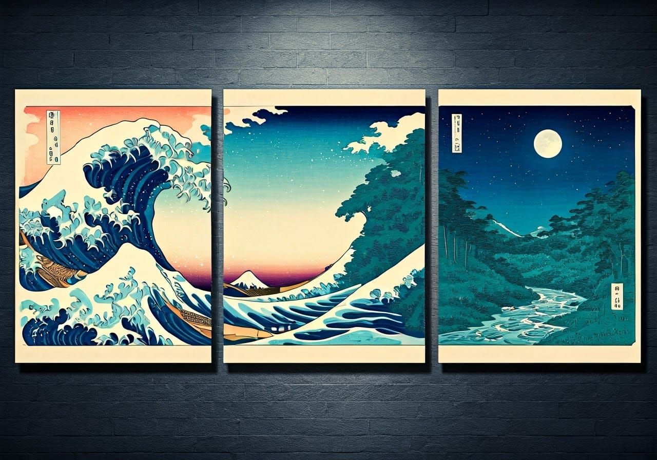 Ukiyo-e Triptych: Sea, Forest, and Moonlit Sky