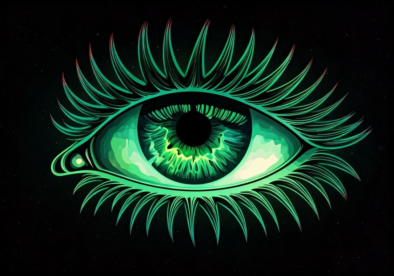 Vibrant Neon Eye Astral Cosmic Illustration in Amaringo Styl...