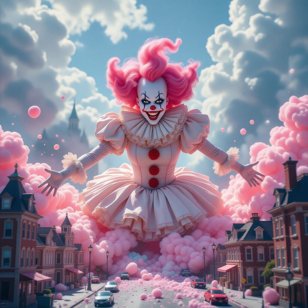Giant Cotton Candy Clown Destroys City in Pastel Hues