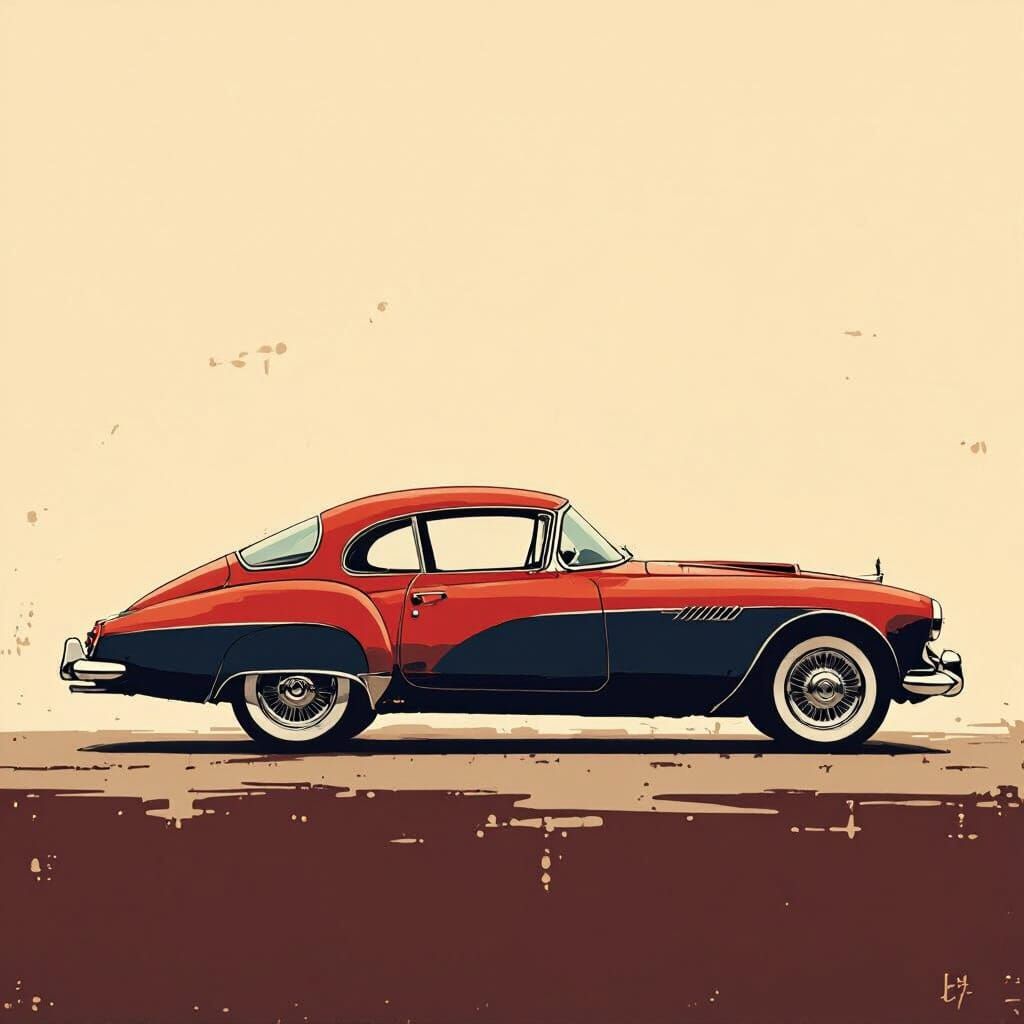 Vintage Car Illustration with Muted Tones and Thick Outlines